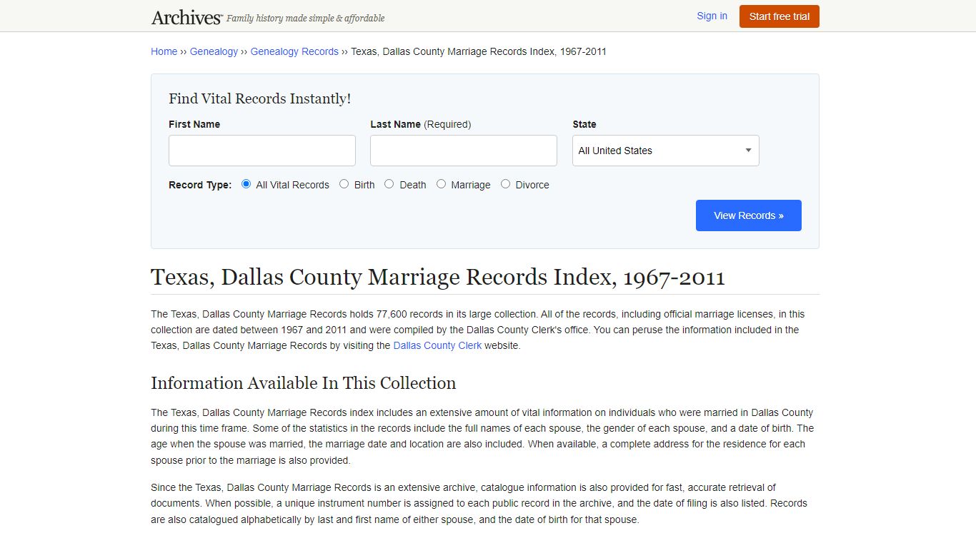 Texas, Dallas County Marriage Records Index, 1967-2011 - Archives.com