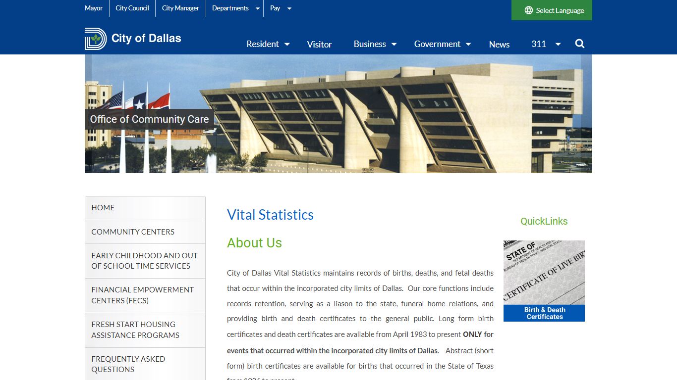Vital Statistics - Dallas City Hall